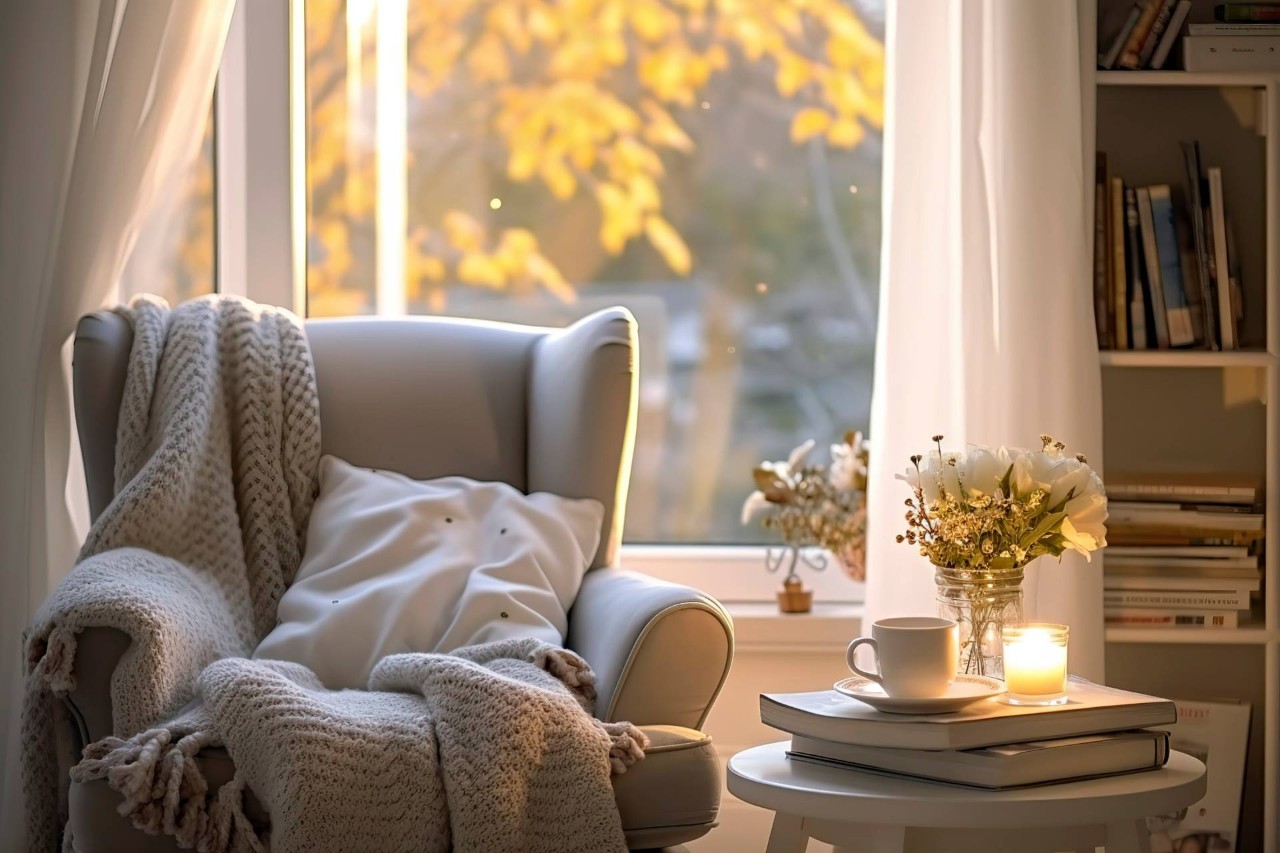 Cozy reading nook with a knit blanket draped over a chair near a table with books at Dreamweaver Interiors & Fabrics near Rehoboth Beach, DE