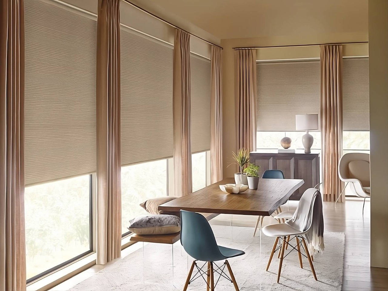 Simple and chic Hunter Douglas roller shades on dining room windows with a minimalist elegance at Dreamweaver Interiors near Rehoboth Beach, DE